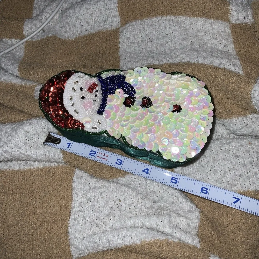 Vtg Holiday Christmas Snowman Sequin & Beaded Decorative Gift Trinket Box Green